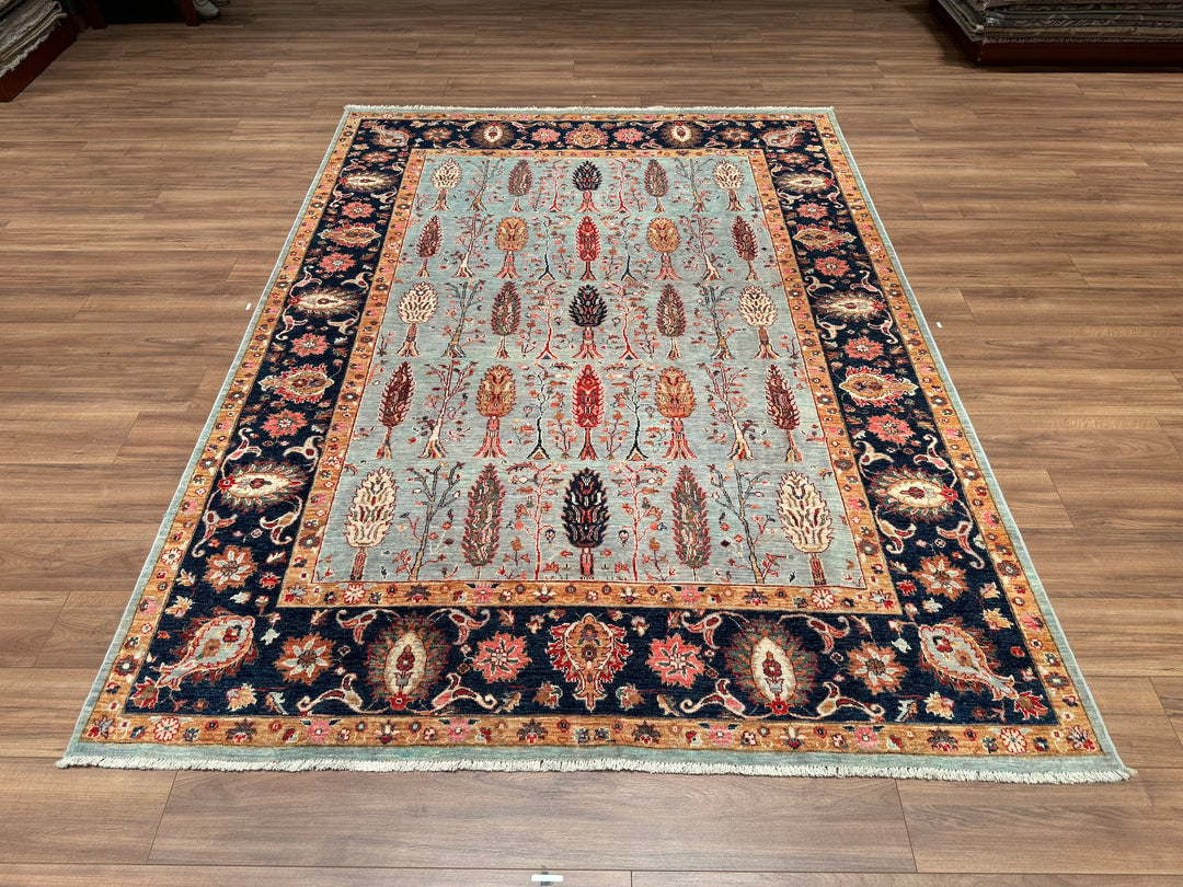 Tree Patterned Uşak Original Hand Woven Gray Vegetable Dyed Wool Carpet 206x276 5.69 Square Meters - 7x10 ft