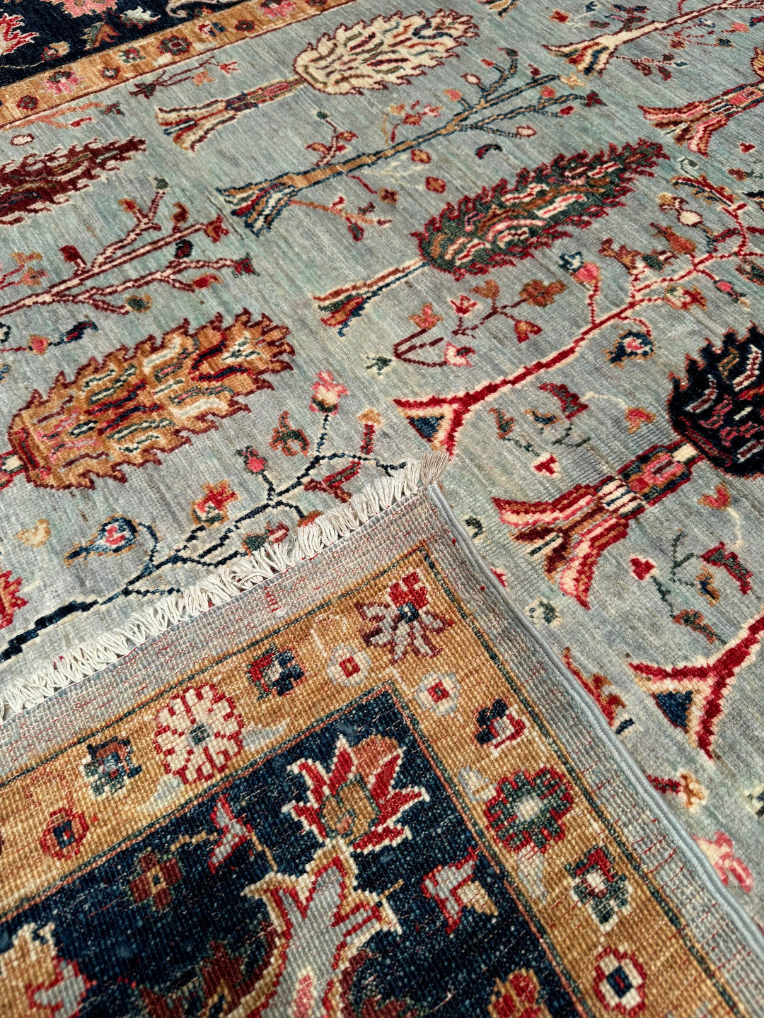 Tree Patterned Uşak Original Hand Woven Gray Vegetable Dyed Wool Carpet 206x276 5.69 Square Meters - 7x10 ft