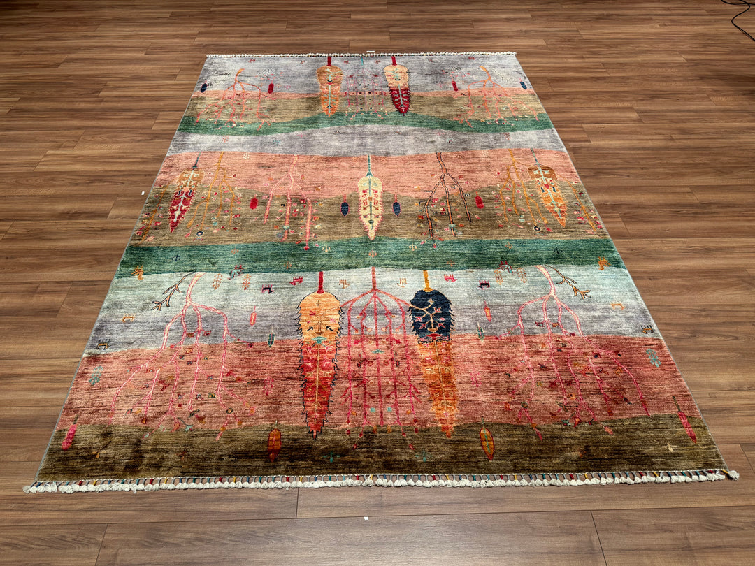 Sultani Tree Patterned Original Hand Woven Multi Vegetable Dyed Wool Carpet 208x289 6.01 Square Meters - 7x10 ft