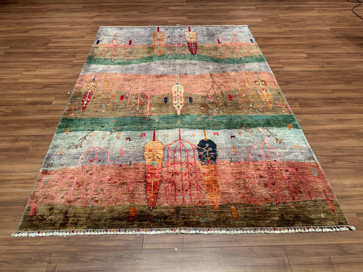 Sultani Tree Patterned Original Hand Woven Multi Vegetable Dyed Wool Carpet 208x289 6.01 Square Meters - 7x10 ft