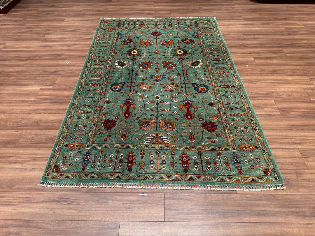 Sultani Floral Original Hand Woven Green Vegetable Dyed Wool Carpet 177x271 4.80 Square Meters - 5x9 ft