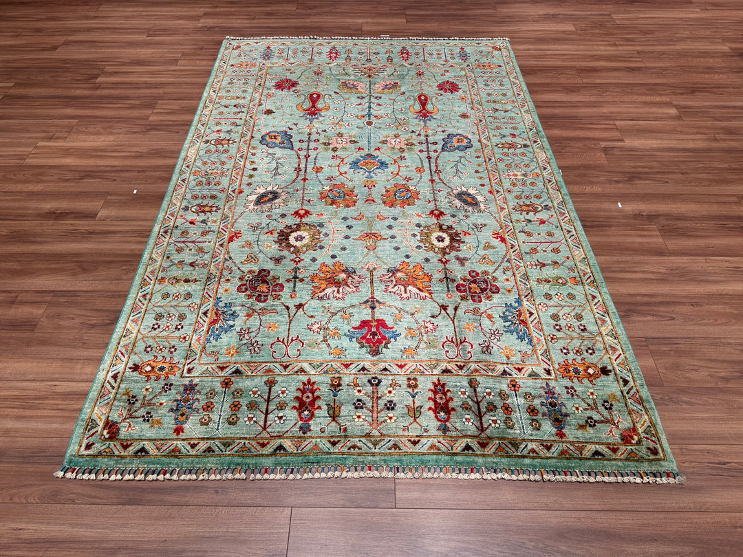 Sultani Floral Original Hand Woven Green Vegetable Dyed Wool Carpet 177x271 4.80 Square Meters - 5x9 ft