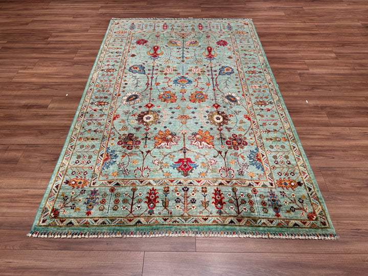 Sultani Floral Original Hand Woven Green Vegetable Dyed Wool Carpet 177x271 4.80 Square Meters - 5x9 ft