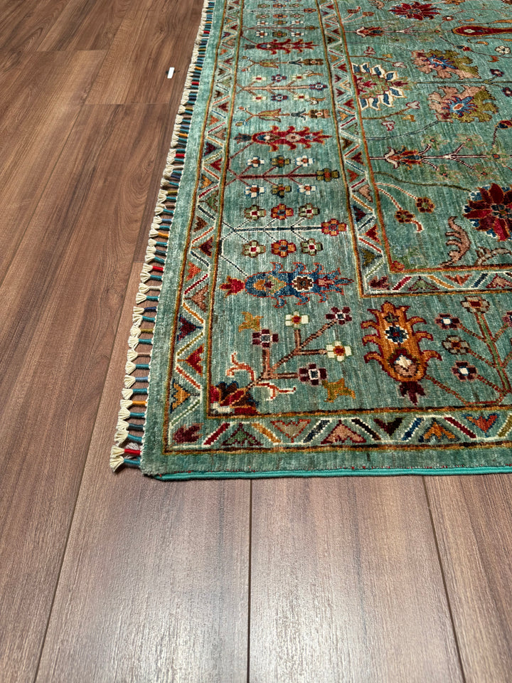 Sultani Floral Original Hand Woven Green Vegetable Dyed Wool Carpet 177x271 4.80 Square Meters - 5x9 ft