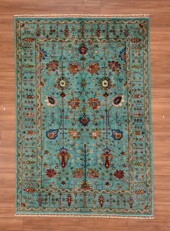 Sultani Floral Original Hand Woven Turquoise Vegetable Dyed Wool Carpet 180x261 4.70 Square Meters - 6x8 ft