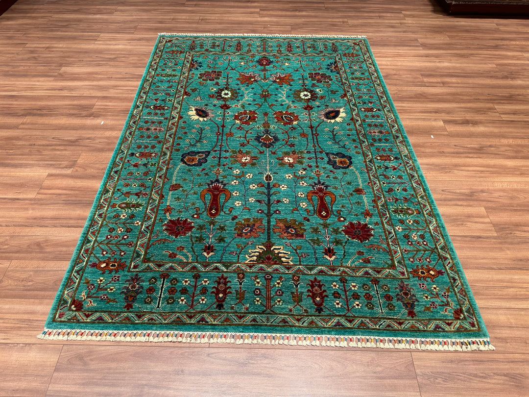 Sultani Floral Original Hand Woven Turquoise Vegetable Dyed Wool Carpet 180x261 4.70 Square Meters - 6x8 ft