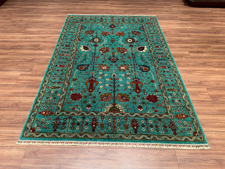 Sultani Çiçekli Orjinal El Dokuması Turkuaz Kök Boya Yün Halı 180x261 4.70 Metrekare - 6x8 ft