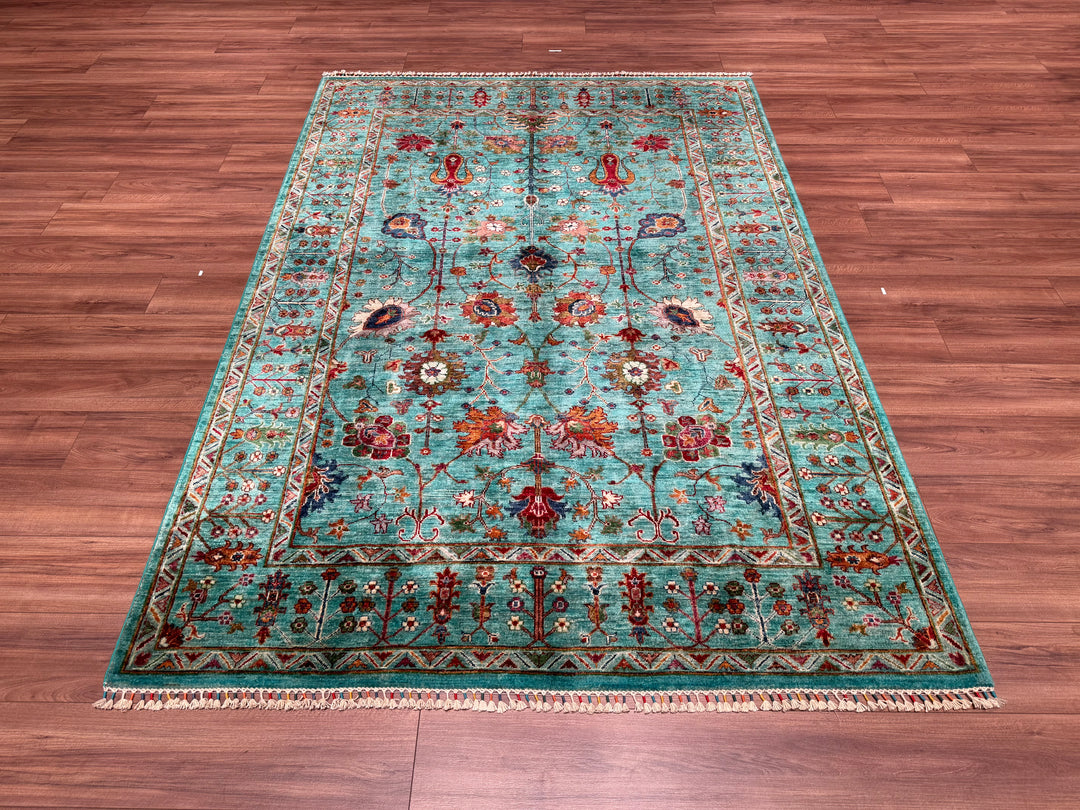 Sultani Çiçekli Orjinal El Dokuması Turkuaz Kök Boya Yün Halı 180x261 4.70 Metrekare - 6x8 ft