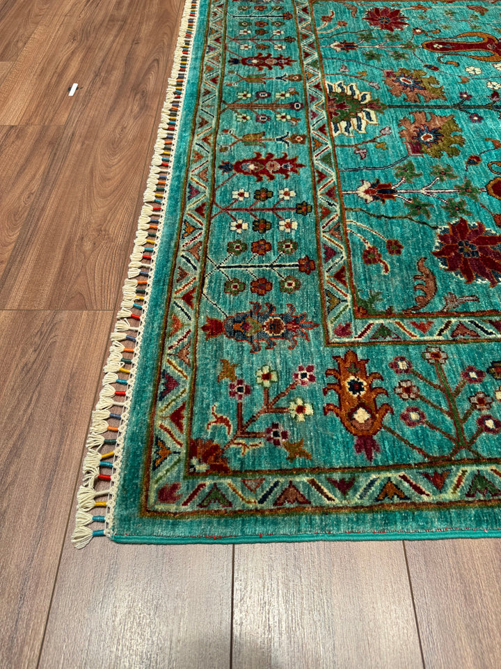 Sultani Çiçekli Orjinal El Dokuması Turkuaz Kök Boya Yün Halı 180x261 4.70 Metrekare - 6x8 ft