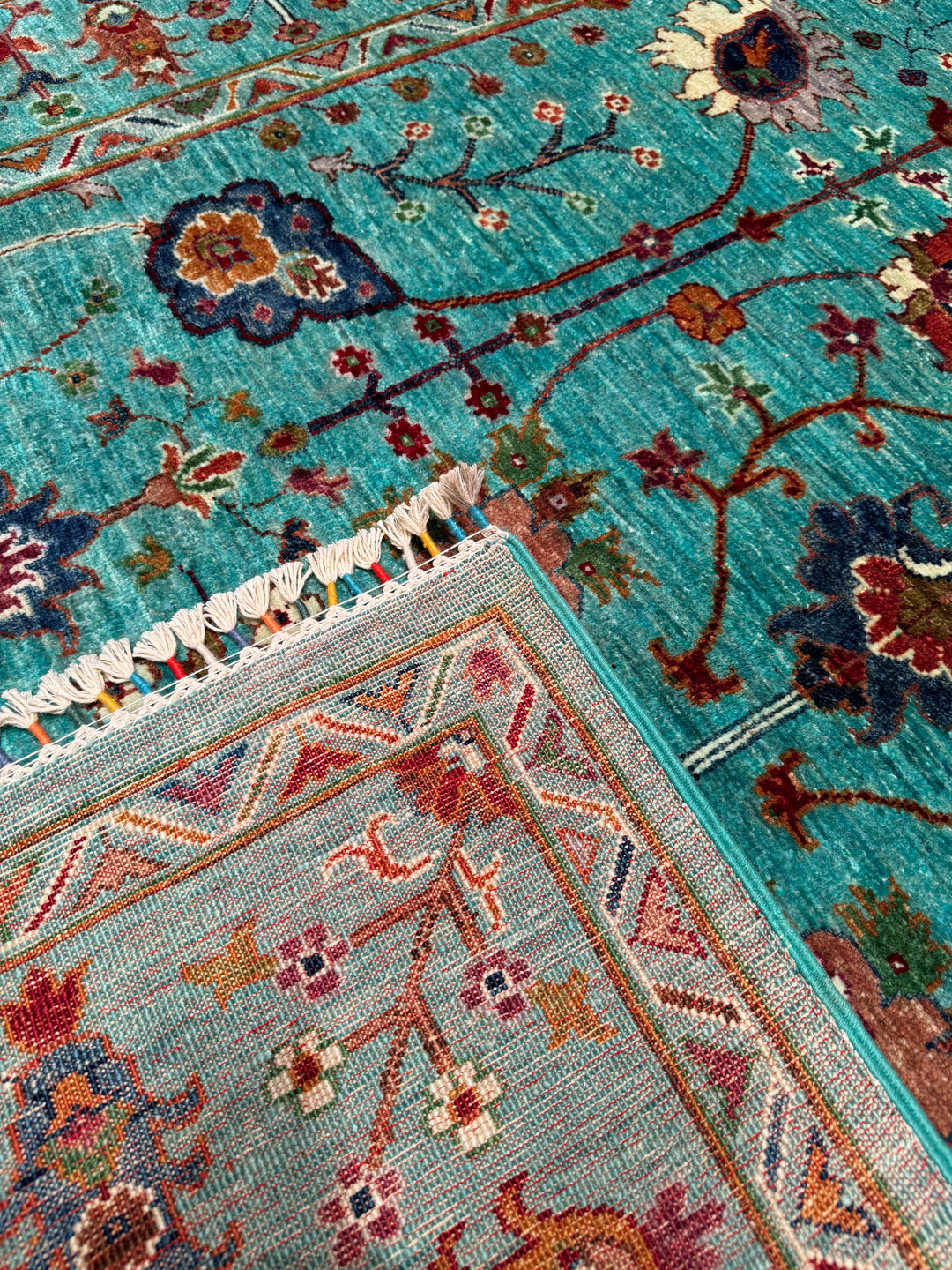 Sultani Floral Original Hand Woven Turquoise Vegetable Dyed Wool Carpet 180x261 4.70 Square Meters - 6x8 ft