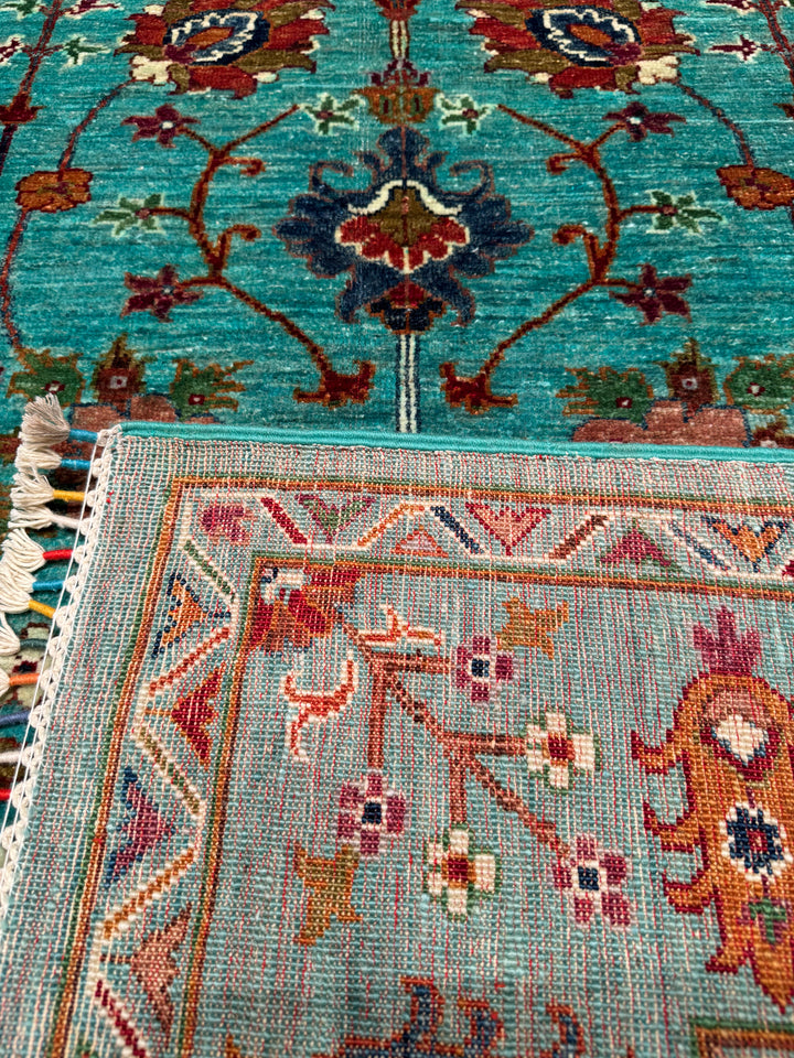 Sultani Floral Original Hand Woven Turquoise Vegetable Dyed Wool Carpet 180x261 4.70 Square Meters - 6x8 ft