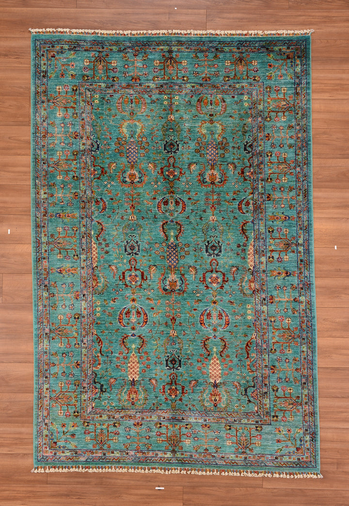 Sultani Binbirgece Orjinal El Dokuması Turkuaz Kök Boya Yün Halı 182x278 5.06 Metrekare - 6x9 ft