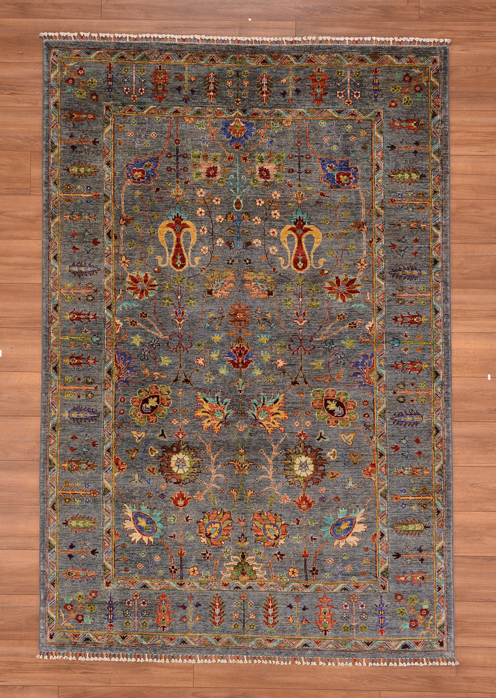 Sultani Çiçekli Orjinal El Dokuması Gri Kök Boya Yün Halı 177x264 4.67 Metrekare - 6x9 ft