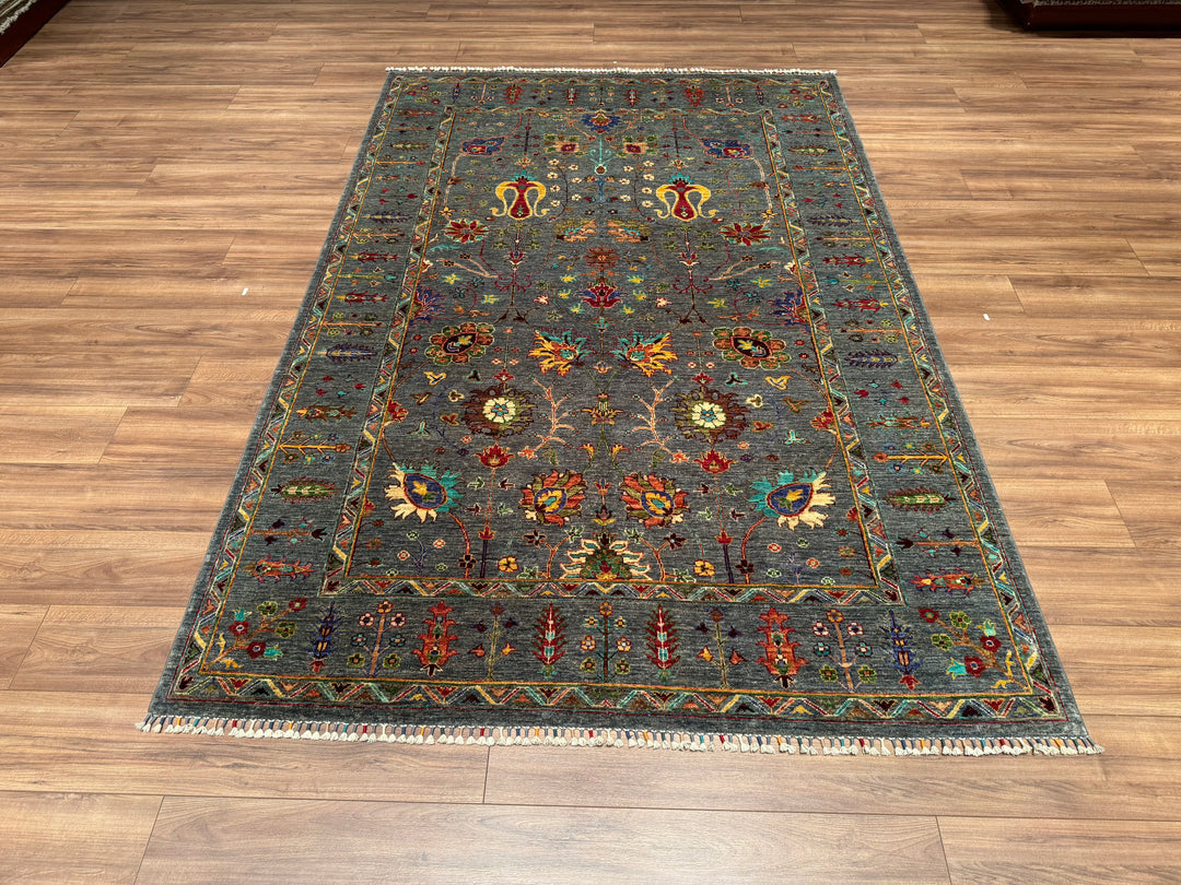 Sultani Çiçekli Orjinal El Dokuması Gri Kök Boya Yün Halı 177x264 4.67 Metrekare - 6x9 ft