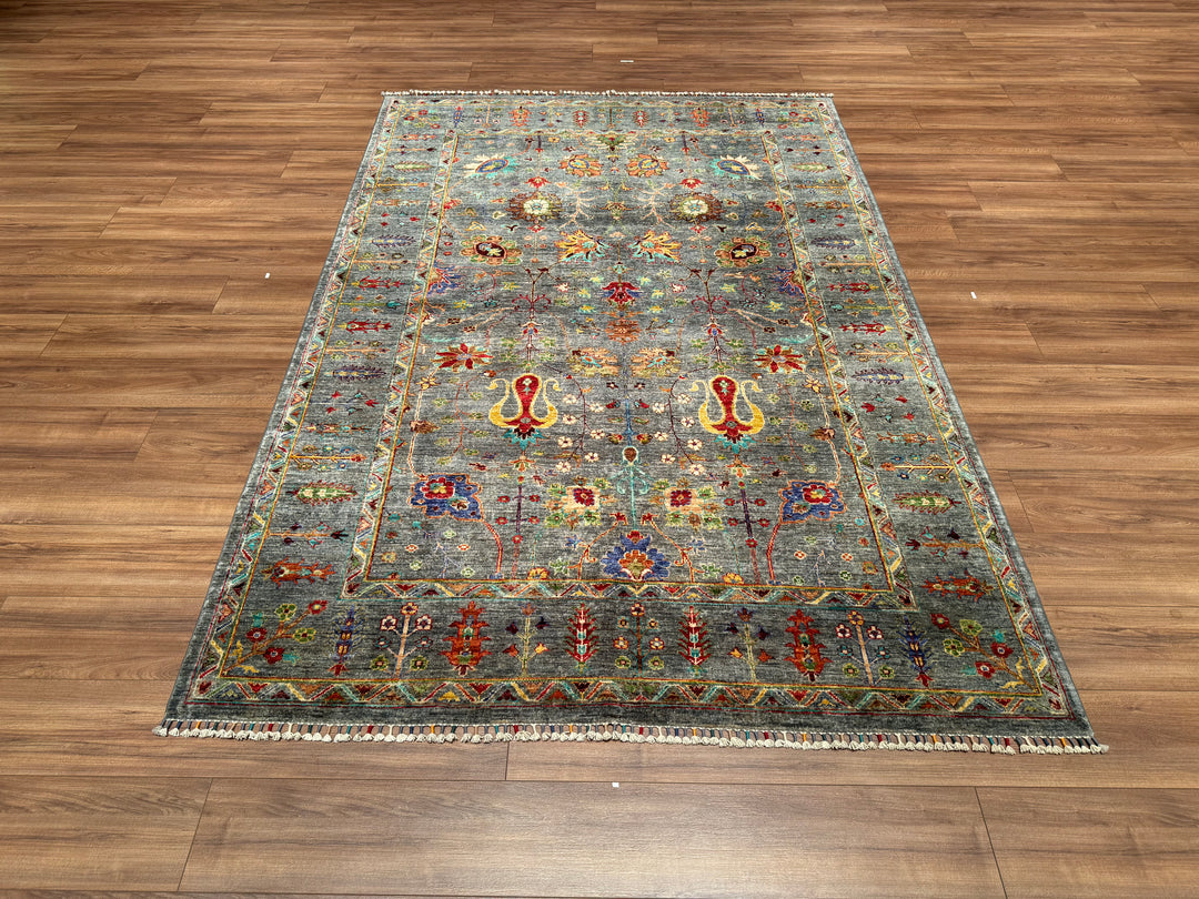 Sultani Floral Original Hand Woven Gray Vegetable Dyed Wool Carpet 177x264 4.67 Square Meters - 6x9 ft