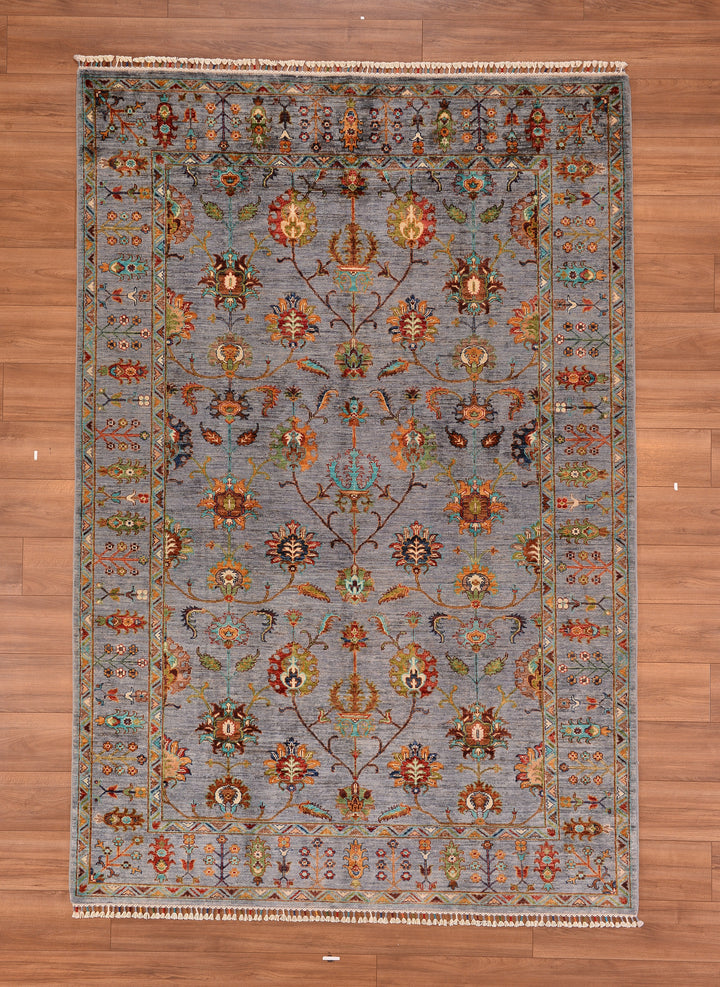 Sultani Floral Original Hand Woven Gray Vegetable Dyed Wool Carpet 186x275 5.12 Square Meters - 6x9 ft