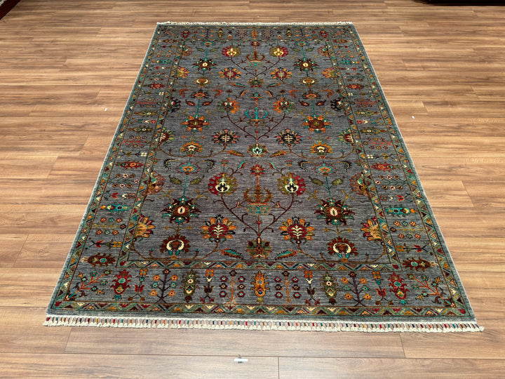 Sultani Çiçekli Orjinal El Dokuması Gri Kök Boya Yün Halı 186x275 5.12 Metrekare - 6x9 ft