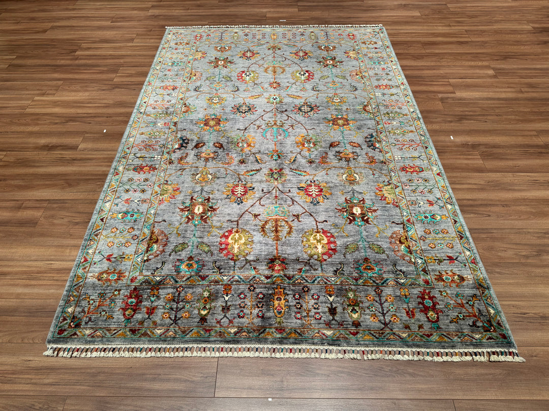 Sultani Floral Original Hand Woven Gray Vegetable Dyed Wool Carpet 186x275 5.12 Square Meters - 6x9 ft