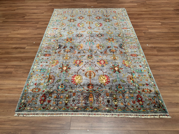 Sultani Çiçekli Orjinal El Dokuması Gri Kök Boya Yün Halı 186x275 5.12 Metrekare - 6x9 ft