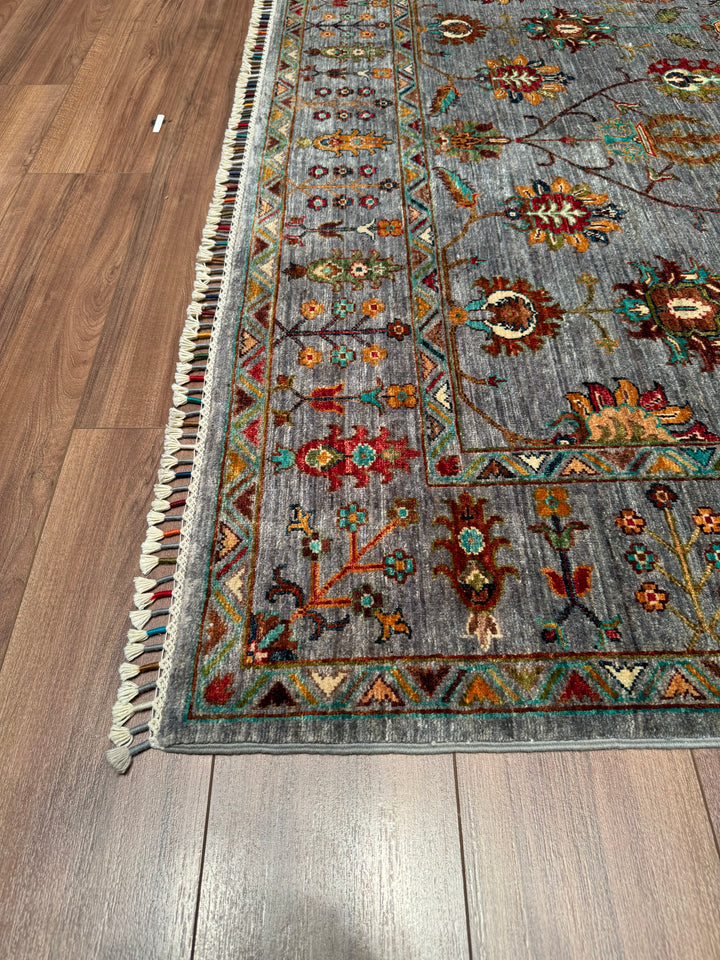 Sultani Floral Original Hand Woven Gray Vegetable Dyed Wool Carpet 186x275 5.12 Square Meters - 6x9 ft