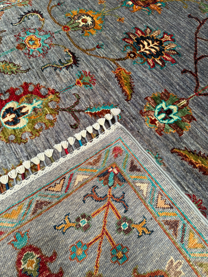 Sultani Floral Original Hand Woven Gray Vegetable Dyed Wool Carpet 186x275 5.12 Square Meters - 6x9 ft