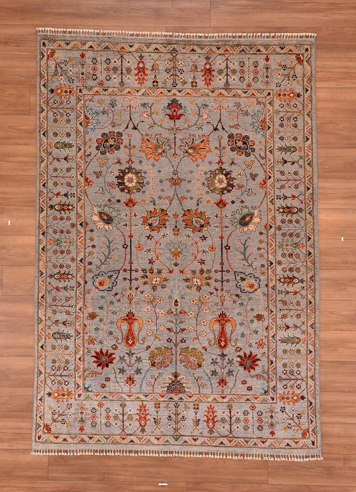 Sultani Çiçekli Orjinal El Dokuması Gri Kök Boya Yün Halı 180x261 4.70 Metrekare - 6x9 ft