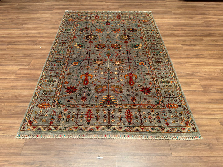 Sultani Çiçekli Orjinal El Dokuması Gri Kök Boya Yün Halı 180x261 4.70 Metrekare - 6x9 ft