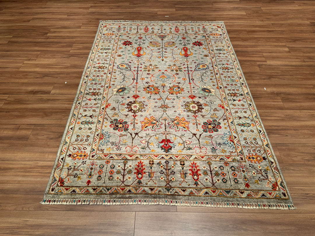 Sultani Çiçekli Orjinal El Dokuması Gri Kök Boya Yün Halı 180x261 4.70 Metrekare - 6x9 ft