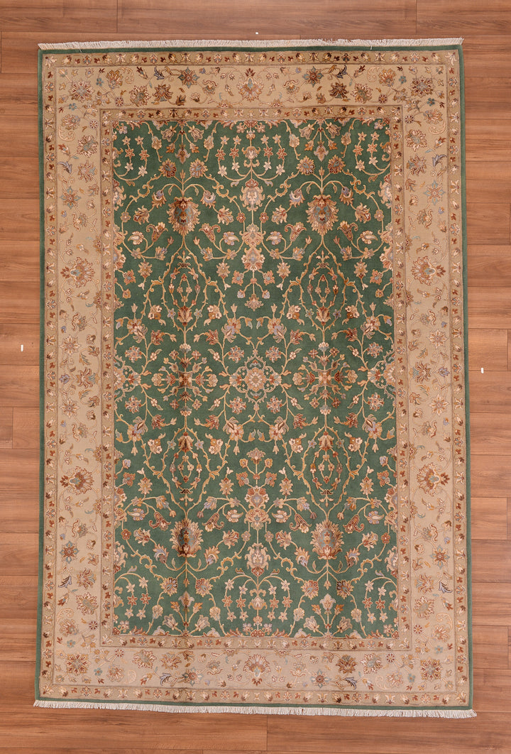 Indian Owl Original Hand Woven Cream Green Wool Bamboo Carpet 197x303 5.97 Square Meters - 7x10 ft