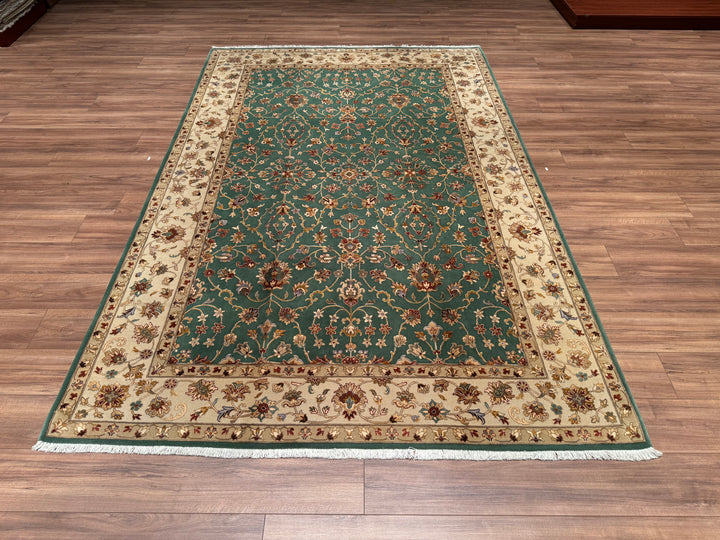 Indian Owl Original Hand Woven Cream Green Wool Bamboo Carpet 197x303 5.97 Square Meters - 7x10 ft