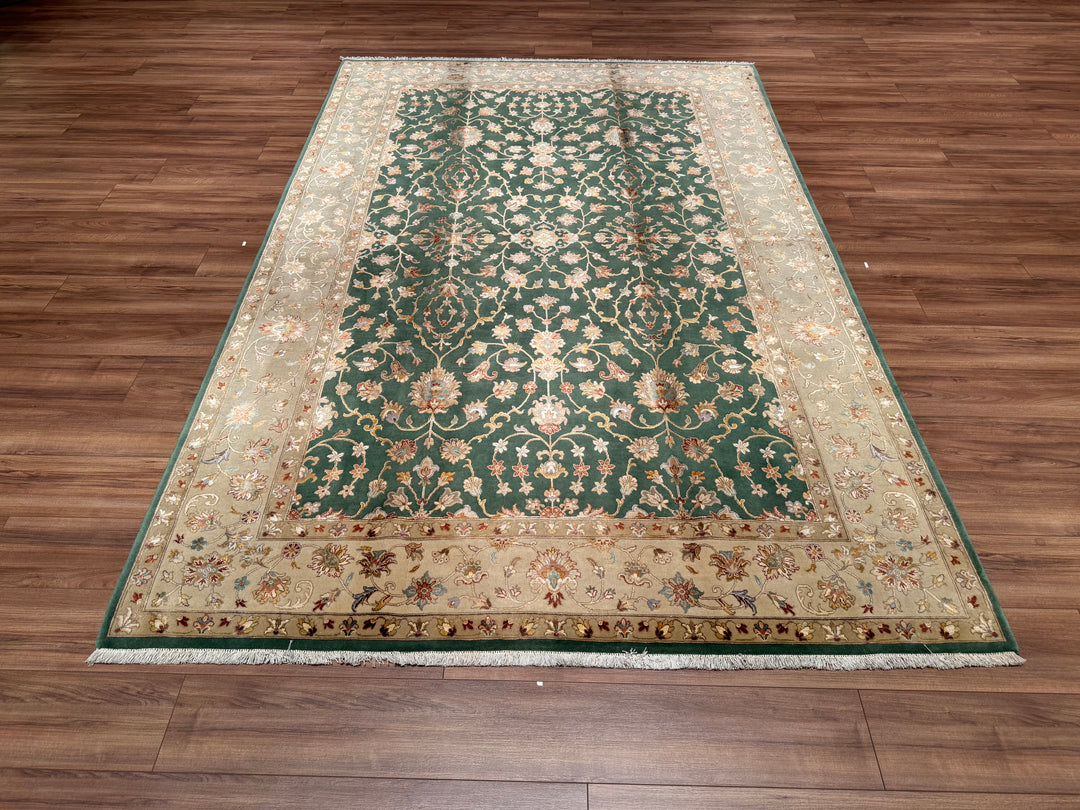 Indian Owl Original Hand Woven Cream Green Wool Bamboo Carpet 197x303 5.97 Square Meters - 7x10 ft