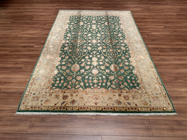 Indian Owl Original Hand Woven Cream Green Wool Bamboo Carpet 197x303 5.97 Square Meters - 7x10 ft