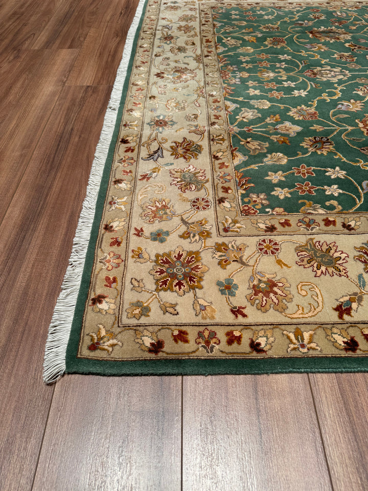 Indian Owl Original Hand Woven Cream Green Wool Bamboo Carpet 197x303 5.97 Square Meters - 7x10 ft