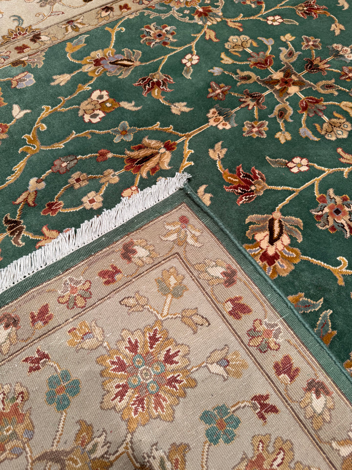 Indian Owl Original Hand Woven Cream Green Wool Bamboo Carpet 197x303 5.97 Square Meters - 7x10 ft