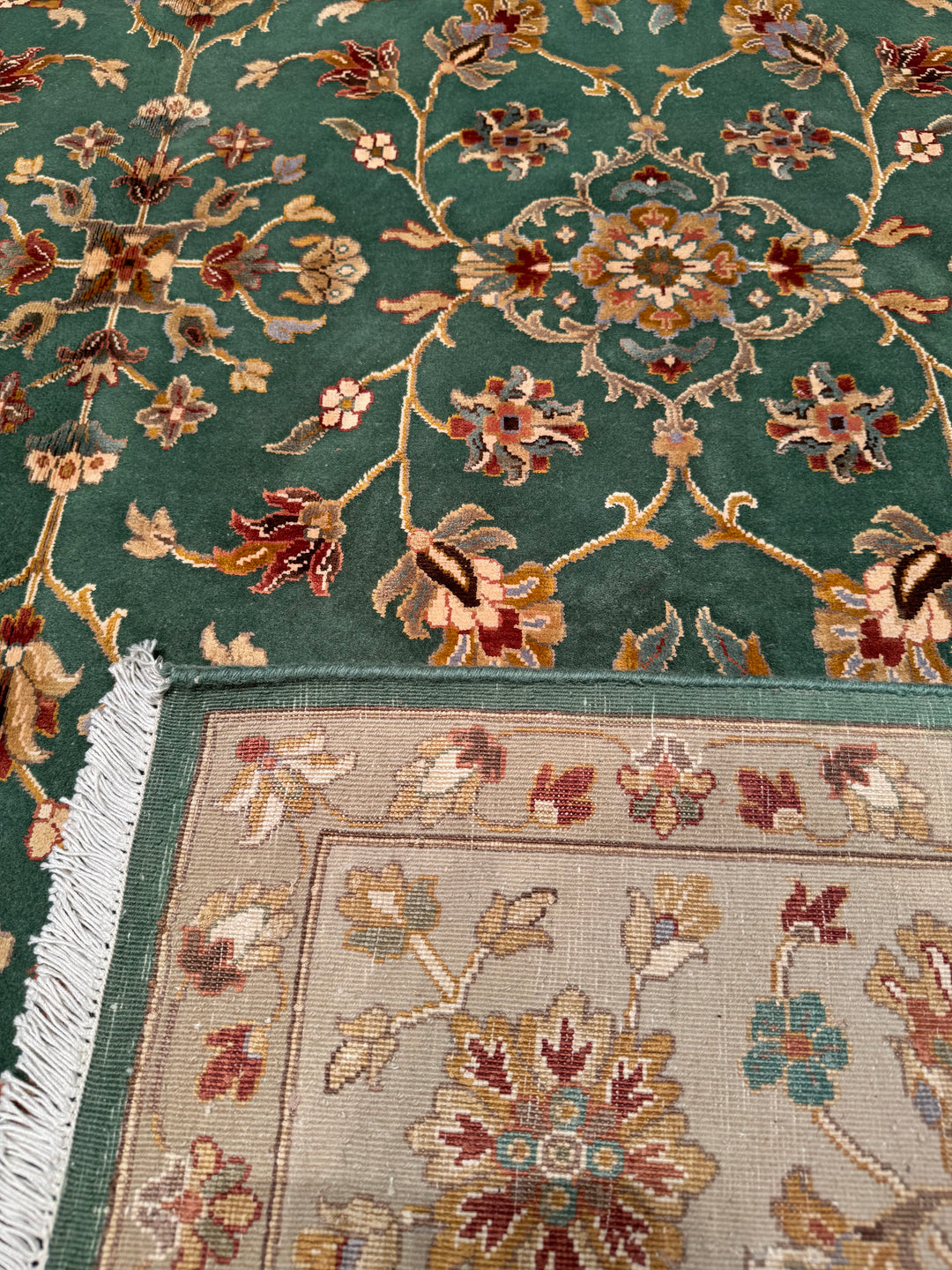 Indian Owl Original Hand Woven Cream Green Wool Bamboo Carpet 197x303 5.97 Square Meters - 7x10 ft