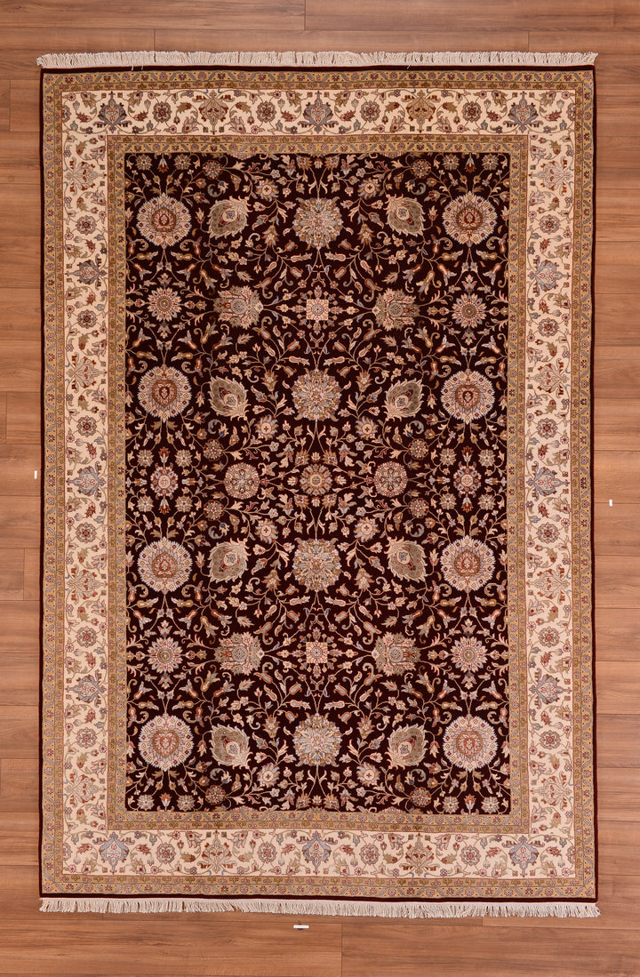 Indian Owl Original Hand Woven Red Cream Wool Bamboo Carpet 204x306 6.24 Square Meters - 7x10 ft