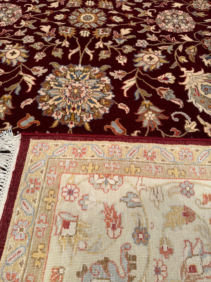 Indian Owl Original Hand Woven Red Cream Wool Bamboo Carpet 204x306 6.24 Square Meters - 7x10 ft