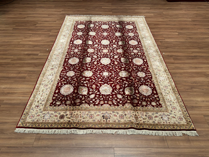 Indian Owl Original Hand Woven Red Cream Wool Bamboo Carpet 201x308 6.19 Square Meters - 7x10 ft