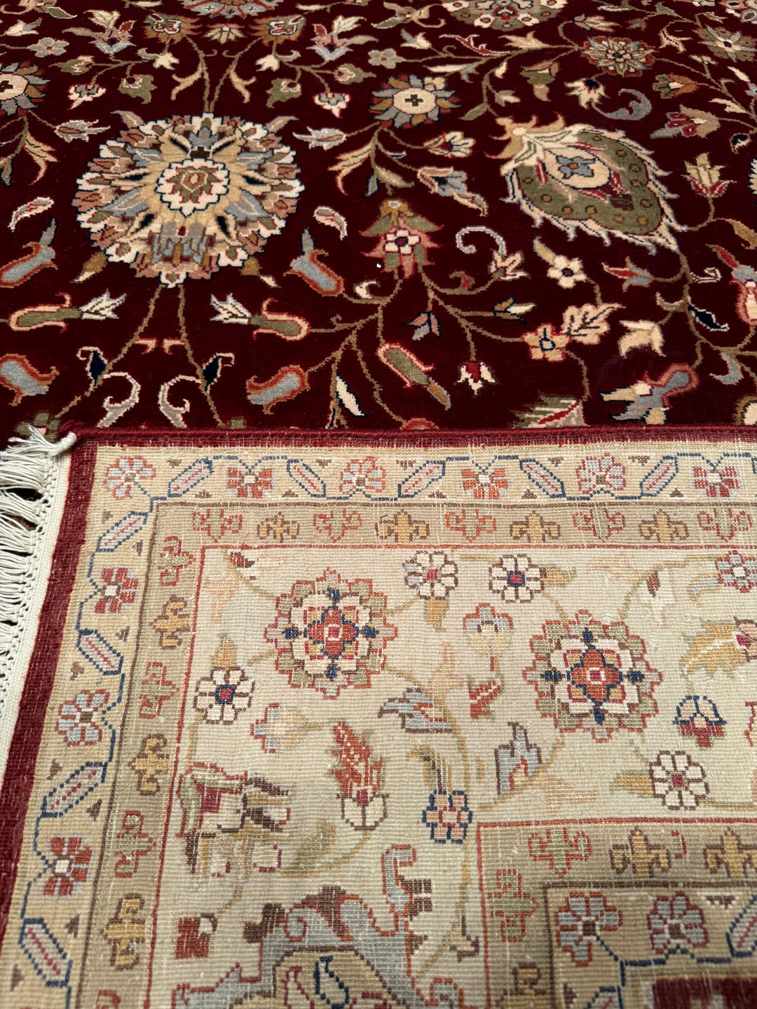 Indian Owl Original Hand Woven Red Cream Wool Bamboo Carpet 201x308 6.19 Square Meters - 7x10 ft