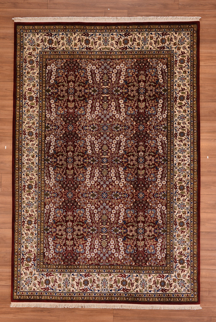 سجادة Hereke Seven Mountains Flower الأصلية المصنوعة يدويًا من الصوف باللون الأحمر الكريمي 197 × 291 5.73 متر مربع - 6 × 10 قدم 