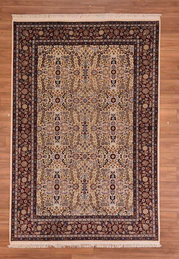 Hereke Yedi Dağın Çiçeği Orjinal El Dokuması Kırmızı Krem Yün Halı 198x292 5.78 Metrekare - 6x10 ft