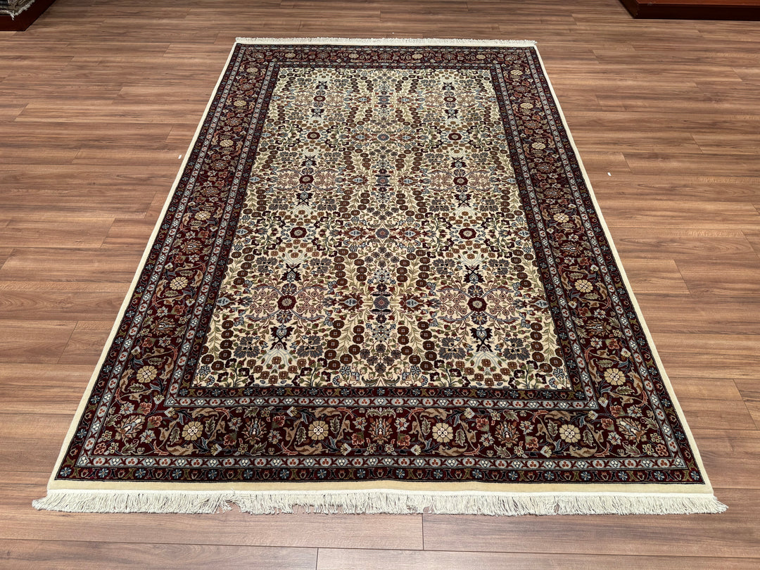 سجادة Hereke Seven Mountains Flower الأصلية المصنوعة يدويًا من الصوف باللون الأحمر الكريمي 198 × 292 5.78 متر مربع - 6 × 10 قدم