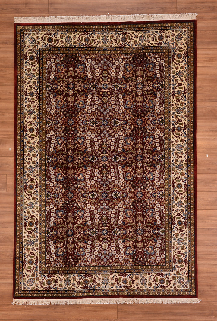 سجادة Hereke Seven Mountains Flower الأصلية المصنوعة يدويًا من الصوف باللون الأحمر الكريمي 196 × 295 5.78 متر مربع - 6 × 10 قدم