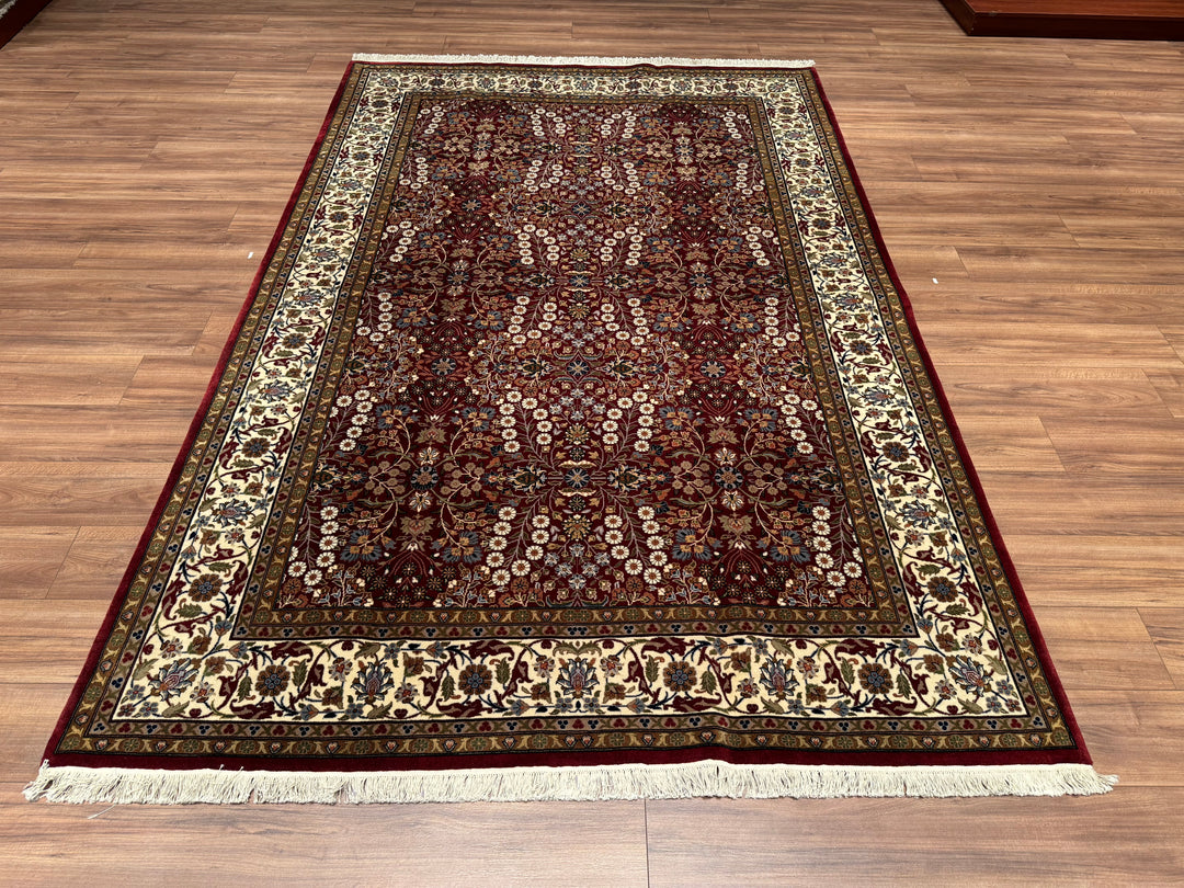 Hereke Yedi Dağın Çiçeği Orjinal El Dokuması Kırmızı Krem Yün Halı 196x295 5.78 Metrekare - 6x10 ft