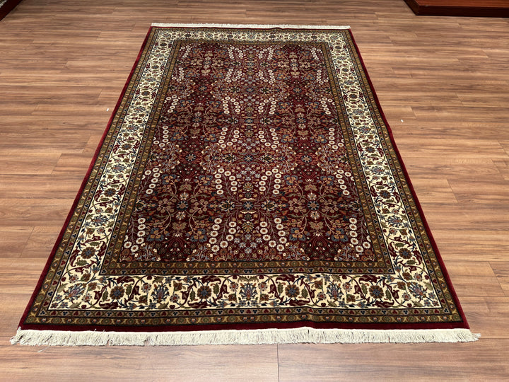 سجادة Hereke Seven Mountains Flower الأصلية المصنوعة يدويًا من الصوف باللون الأحمر الكريمي 196 × 295 5.78 متر مربع - 6 × 10 قدم