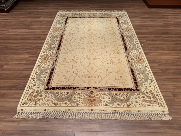 Privat Original Hand Woven Cream Wool Silk Carpet 202x304 6.14 Square Meters - 7x10 ft