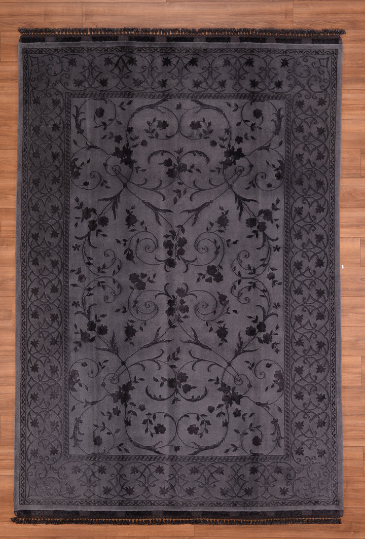 Privat Original Hand Woven Black Wool Silk Carpet 214x305 6.53 Square Meters - 7x10 ft