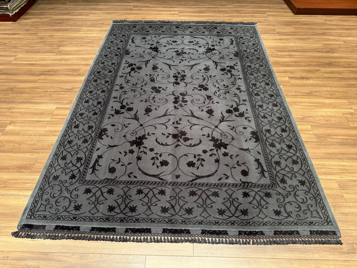 Privat Original Hand Woven Black Wool Silk Carpet 214x305 6.53 Square Meters - 7x10 ft