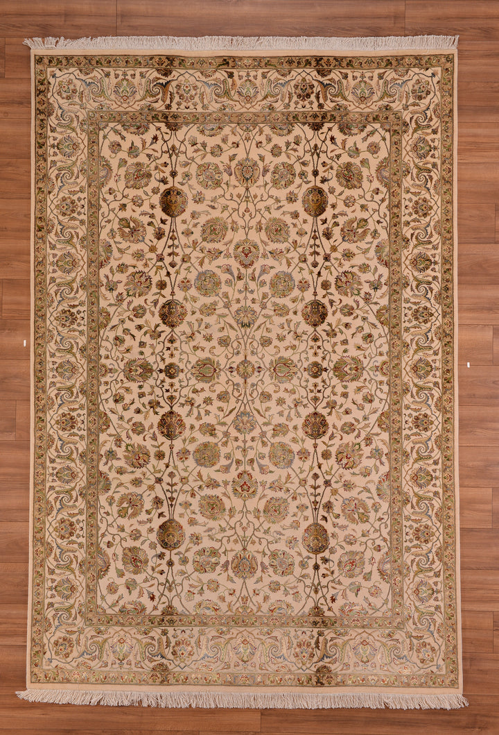 Indian Owl Original Hand Woven Beige Wool Bamboo Carpet 203x304 6.17 Square Meters - 7x10 ft