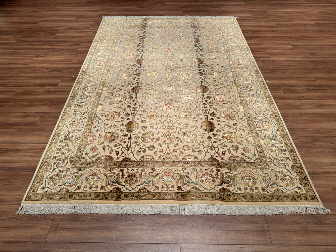 Indian Owl Original Hand Woven Beige Wool Bamboo Carpet 203x304 6.17 Square Meters - 7x10 ft